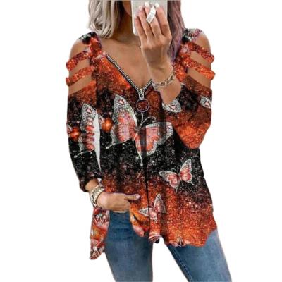 China Autumn Plus Size Viable T-shirts Wholesale Long Sleeve Tops Shape V-Neck Zipper Cavity Print Women's T-Shirt for sale