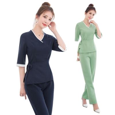 China Wholesale Stylish Women's Beauty Salon Overalls Sets 2021 New Beautician Health Foot Bath Technician 2PCS Set Workwear Uniform Clothes for sale