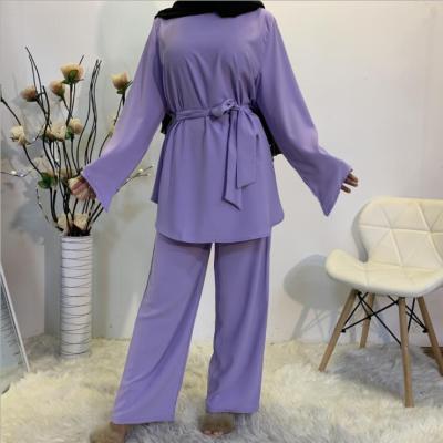 China 2021 Autumn Middle East Dubai Fashion Modest Muslimah Styling Wholesale Women Simple Wide Leg Set Pants Muslim Lace Up Sets for sale