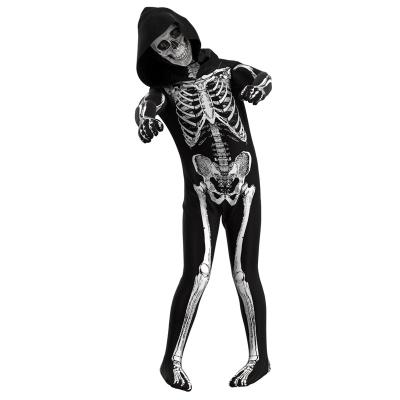 China Cosplay cartoon costume ready to ship children Halloween costume kids skeleton skull jumpsuit full sets carnival party costume with hoodie for sale