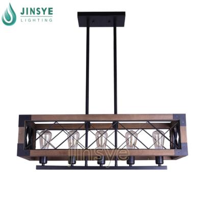 China Warehouse Large Long Rectangle Cage Industrial Hanging Lamp Vintage Metal Wood Pendant Light for sale