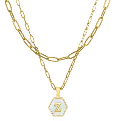 China Hiphop Fashion Hexagon Shell Letter Pendant 14K Gold Plated Paperclip Chain Necklace for sale