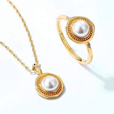 China TRENDY Women Round Pearl Pendant Necklace Earrings Charming Gold Stainless Steel Chain Jewelry Set for sale