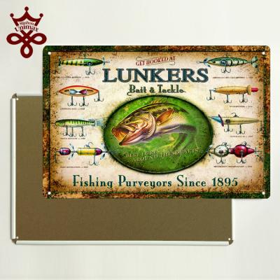 China Decorative Europe Vintage Wall Metal Signs 20X30CM Lunkers Bait And Tackle Fishing Tin Sign for sale