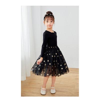 China Breathable Black Girls Dresses Autumn Kids Long-Sleeved Stars Tulle Dress for sale