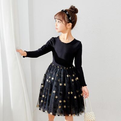 China Breathable Babies Lace Up Tulle Dress Kids Clothes Sleeve Long Black Star Mesh Dresses for sale