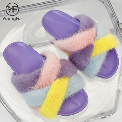 China 2021 Summer Custom Twist And Braid Fashion Trend Inspired Macaron Mink Fur Slides Slippers Sandals Genuine for sale