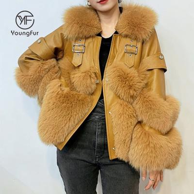 China Winter Breathable Bright Color Fox Fur Coat Women Warm Sheepskin Trim Leather For Outwear Ladies Fashion Sexy Coat for sale