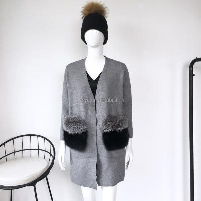 China Anti-pilling Real Fox Fur Trim Colorful Cardigan Woman Sweater for sale