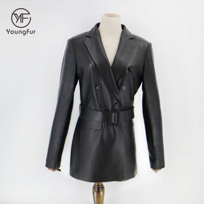 China OEM breathable high quality ladies leather trim for shinny jacket coat for women real sheep skin leather coat with belt for sale