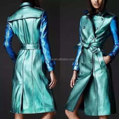 China Autumn Women Fancy Long Coat Breathable Genuine Leather Jacket Shining Blue Haining Supplier for sale