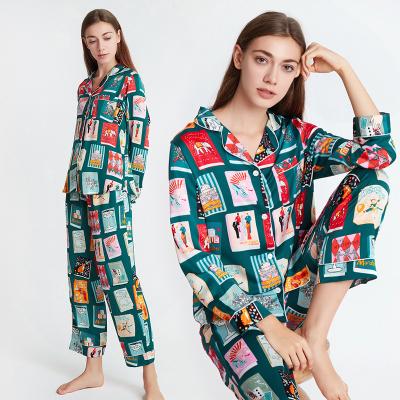 China QUICK DRY Book Printing Mystery Icelandic Satin Silky Suit Collared Pajamas Ladies Slim Long Sleeve Pants Suit Home Dress for sale