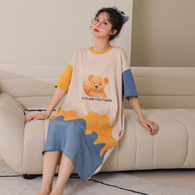 China 2022 New Breathable Female Summer Knitted Cotton Sexy Large Size Home Service Nightgown Thin Short Sleeve Lovely Long Pajamas for sale