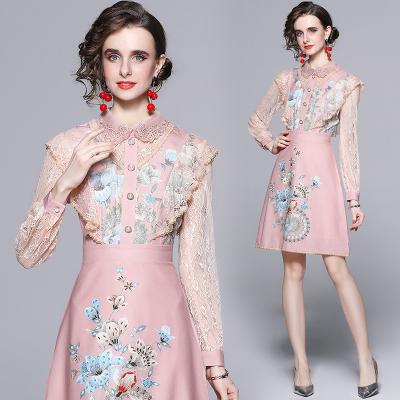 China New Women's Breathable Soft Lace Reduction Age Women's A-Word Stitching A-Word Niche A-Word Niche Sense Design Print Dress European Station for sale