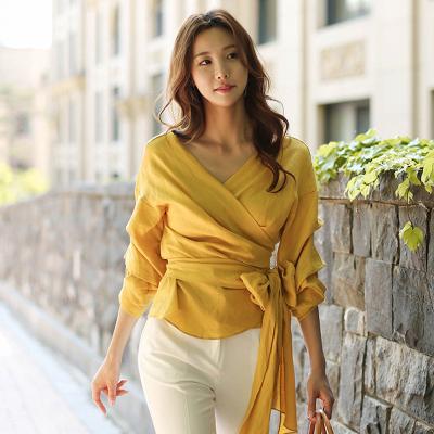 China 2022 Anti-wrinkle bubble pleated lantern sleeve bow tie up top women 9 minute sleeve base shirt fashion business wear for sale