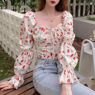 China 2022 Anti-wrinkle spring long sleeve french floral bubble sleeve blouse and collar summer wholesale square design sense for sale