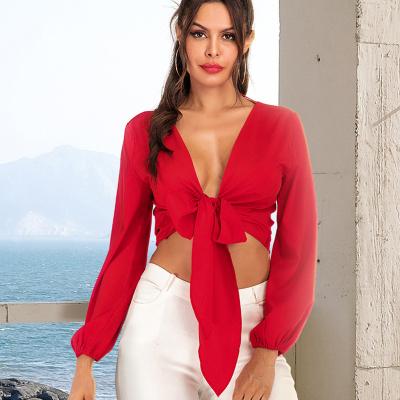 China Anti-wrinkle European women's 2022 new short and American personality with chest solid color sexy blouse for sale