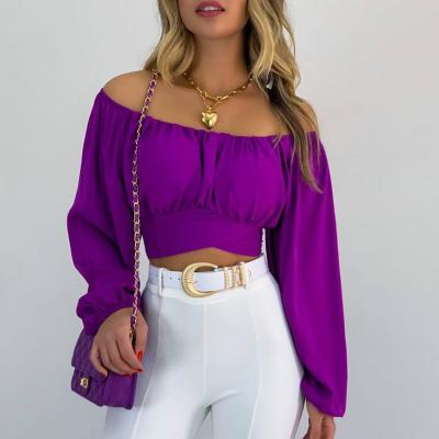 China 2022 European and American top female umbilical sleeve solid color anti-wrinkle lantern, sexy figure-neck bubble sleeve lace-up shirt for sale