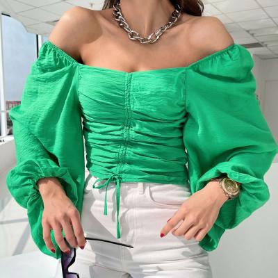 China 2022 European and American sexy hot lantern long sleeve girl shirt short waist anti-wrinkle a line collar drawstring spring and autumn shirt for sale