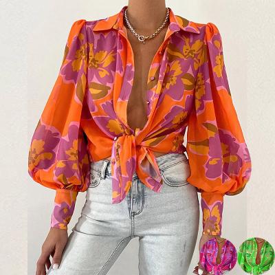 China 2022 summer and autumn fashion Anti-wrinkle sexy bubble sleeve lapel long sleeve printing shirt top popular women for sale