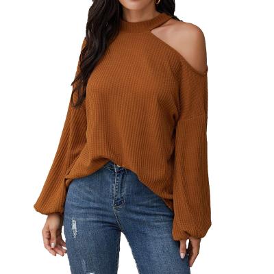 China Anti-wrinkle Europe and the United States women's style explosive women's waffle knitted loose shirt belted top shoulder long sleeve for sale