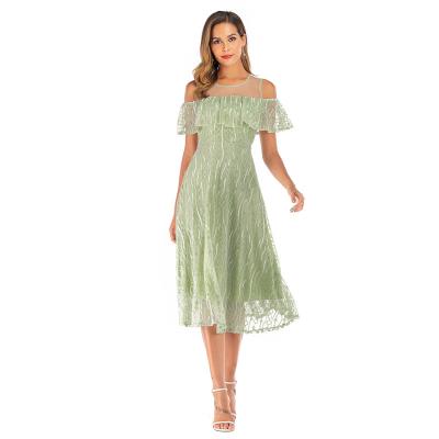 China 2022 New Anti-static Ladies' High Society Custom Chiffon Lace Stitching A Character Shoulder Swing Mid Length Dress for sale