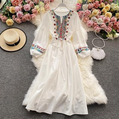 China Super fairy national wind embroidered lantern sleeve wind skirt female anti-static seaside holiday dress boho beach dress large long for sale