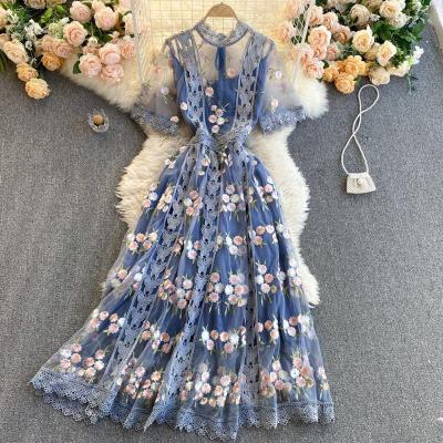 China Anti-static fairy temperament sweet wind first love round crochet flower embroidery mesh sleeve dress thin neck skirt for sale