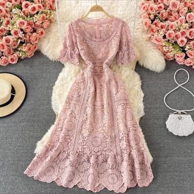 China Large waist lace round neck round neck soft wind new style summer skirt elegant temperament slim hollow water-soluble anti-static dress for sale