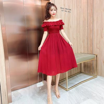 China New Anti-Static Women's Sheer Shoulder Neck Short Sleeve Dress Female Pleated Pleat Elegant Soft Waist Slimming Above Knee Dresses Women for sale