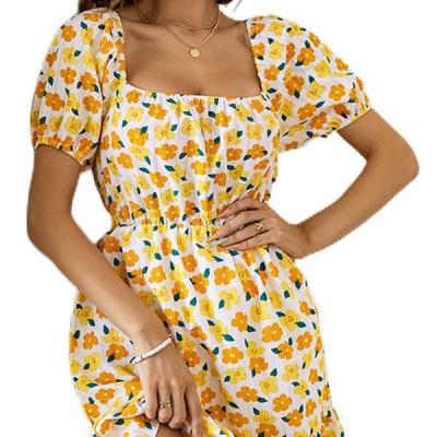 China Anti-static Yellow Floral Print Slash Neck Off The Shoulder Design Sleeve Dress Summer Short Chiffon Women Mini Dress for sale