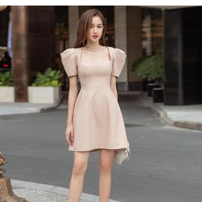 China Anti-Static Noise Women's New Fall 2022 Collar Niche Cutout Square Lace Dress Pleated High A Line Dress One Waisted for sale