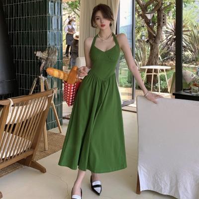 China AceElisa Vestido Lady Anti-Static Solid Color V-Neck Summer Casual Dress Show Waist Long Slim Sexy Party Dress Deep Halterneck Encanto for sale