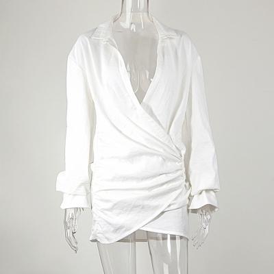 China Anti-Static Manufacturer Sells Long Sleeve White Shirt New Ins Linens Sexy Deep V Women Dress for sale