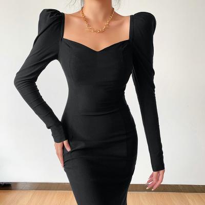 China Anti-static vintage blown sleeves fishtail dress European and American women's autumn black style commuter dress for sale