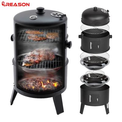 China Hot Selling Easily Assembled 3 in 1 Charcoal BBQ Grill Smokeless Smoker 3 Layer Tower Vertical Barrel Charcoal BBQ Grill for sale