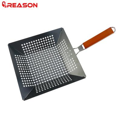 China 2020 Hot Sale BBQ Grill Wok Grill Stick Not Easily Cleaned Vegetable Basket With Hardwood Handle for sale