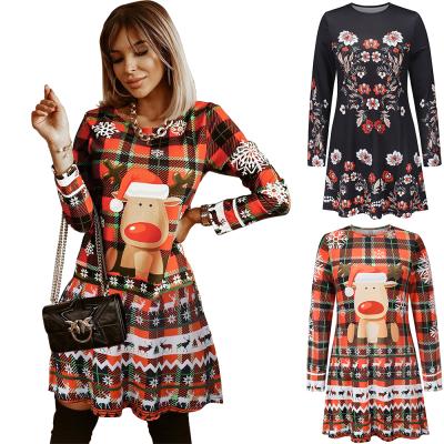 China 2021 New Arrival Slim Anti-wrinkle Knit Long Sleeve Dress Christmas Print Dress for sale