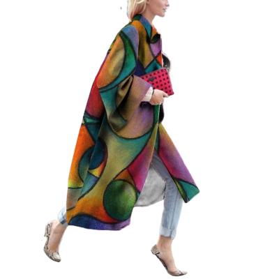 China Anti-wrinkle ladies pattern colorful decorative clothing casual quantity pockets Shell Technics Long Style Fabric button pattern coat for sale