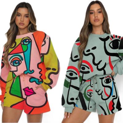 China 2021 Autum New Arrival Breathable Ladies Fashion Casual Abstract Print Long Sleeve Shorts Hoodie Two Piece Set for sale