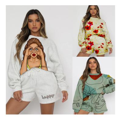 China 2021 Autum New Arrival Breathable Ladies Fashion Casual Abstract Print Long Sleeve Shorts Hoodie Two Piece Set for sale