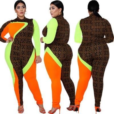 China Factory supply breathable street fashion hit casual color knit colorblock plus size women zipper one piece jumpsuit for sale