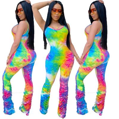 China Women One Piece Jumpsuit Wrinkle Tie Dyed Strap Breathable Rainbow Printing Summer Ladies Rompers Loungewear for sale