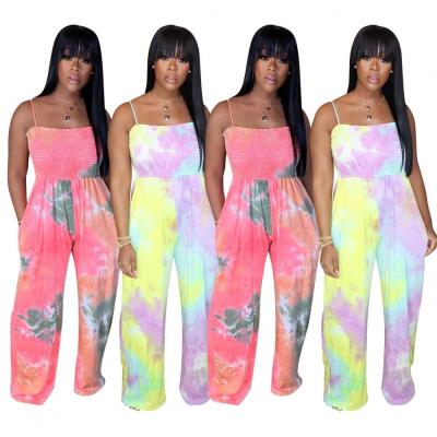 China Factory Supply QUICK DRY Tie Dyed Oneset Women Overalls Casual Gradient Color Pleated Sling Overalls for sale