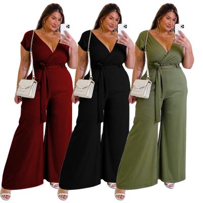 China Breathable Plus Size Rompers Women Black Sweetheart Neckline Bandage JumpsuitCasual V-Neckline With Belt Wide-Leg Overalls for sale