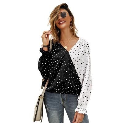 China Casual Polka Dot Print Womens Blouses Anti-pilling Two Color Sleeve Tops 2021 Hot Sale Spring Fashion Long for sale