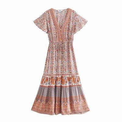 China Factory Supply Anti-wrinkle Flared Long Casual Dress Ladies V-Neck Tie-Waist Print Anorak Summer Women's Short Sleeve Bohemian Dress for sale