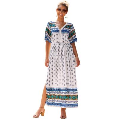 China New Summer Cotton Dress Bohemian V-Neck Long Skirt Casual Dress Women Clothing Short Sleeve Rib Knit Anti-Static Print Long for sale