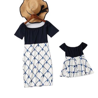 China One-Shoulder Matching Mother and Daughter Summer Preppy Family Style Clothing Girl Women Plaid Dress for sale