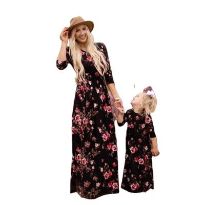 China Preppy Style Family Matching Outfits Parent-Child Long Sleeve Clothes Women Girl Floral Long Dress for sale